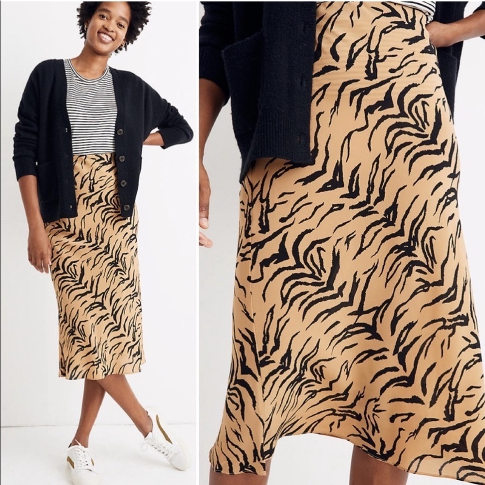 Madewell Tan and Black Animal Print Midi Skirt